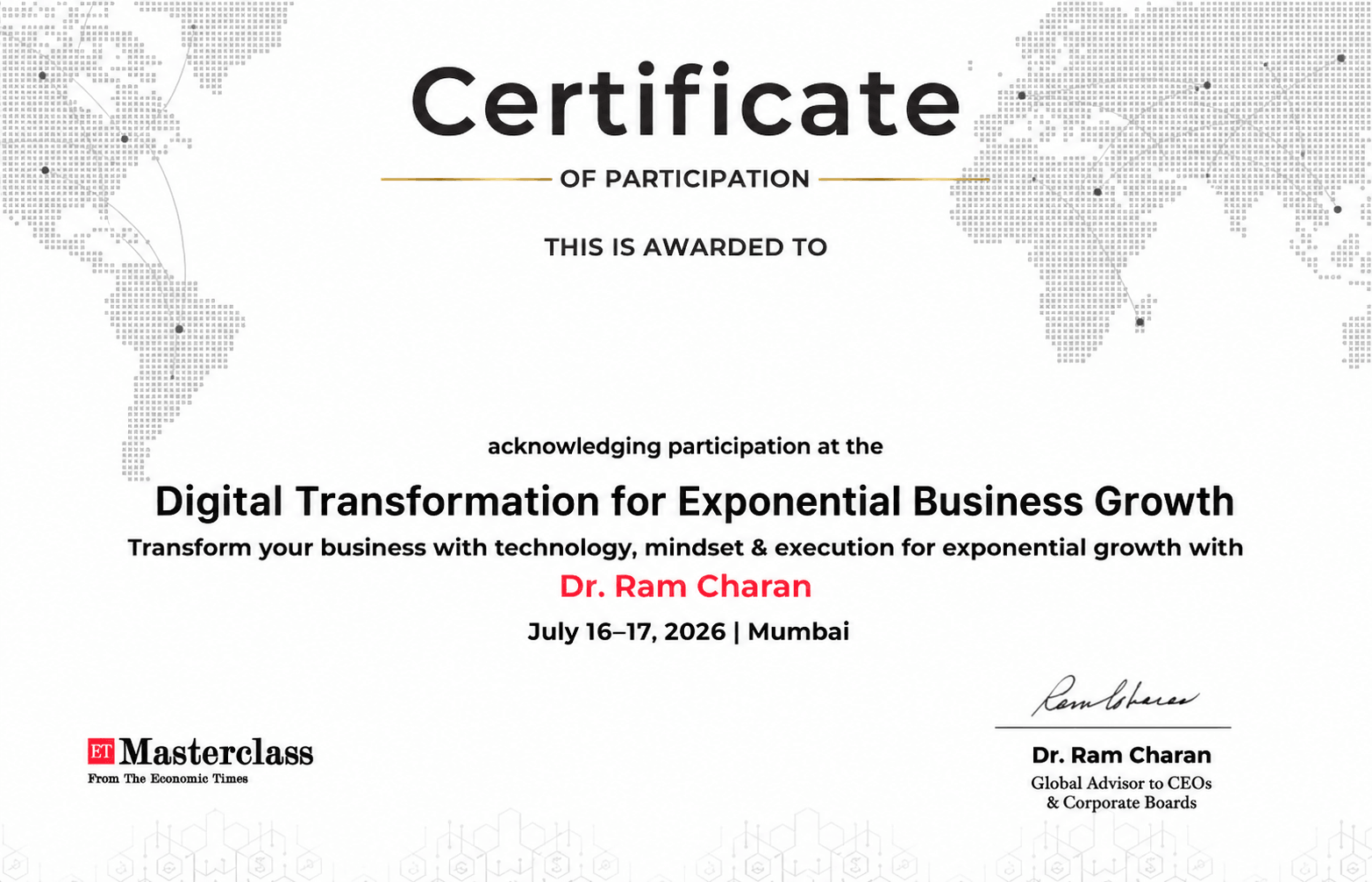 Sample certificate signed by Dr. Ram Charan