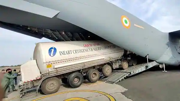 An Indian Air Force aircraft airlifting oxygen tanker. Image Courtesy: ANI