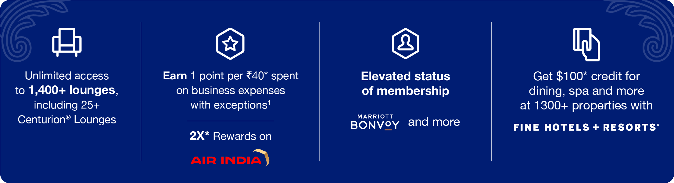 Unlimited access to 1,400+ lounges, including 25+ Centurion(R) Lounges
Earn 1 point per ₹40(*) spent on business expenses with exceptions(1)
2X(*) Rewards on AIR INDIA
Elevated status of membership MARRIOT BONVOY and more
Get $100(*) credit for dining, spa and more at 1300+ properties with FINE HOTELS & RESORTS