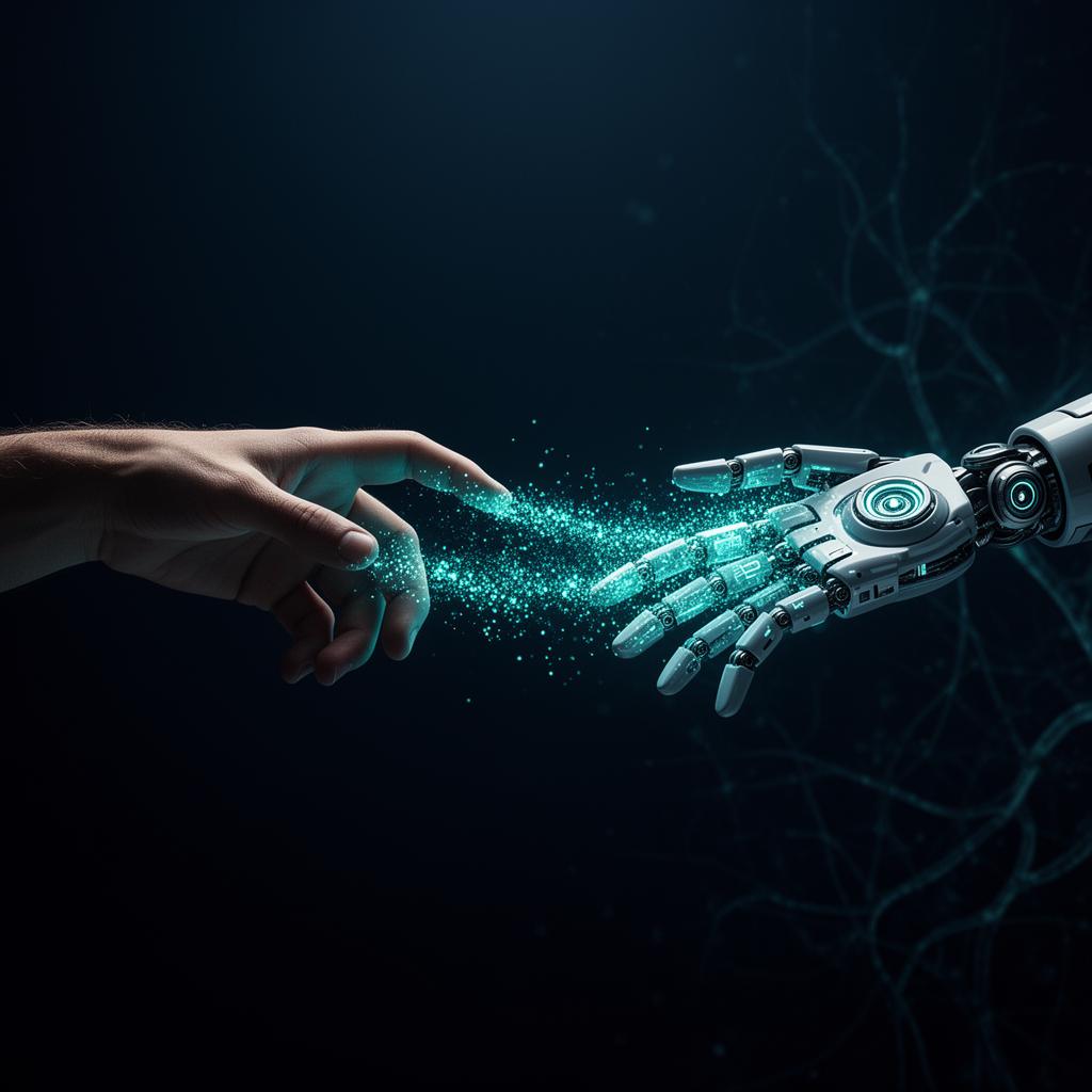 Human and AI hands touching