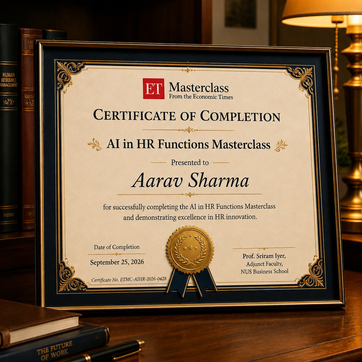 AI in HR Functions Masterclass certificate framed on an executive desk