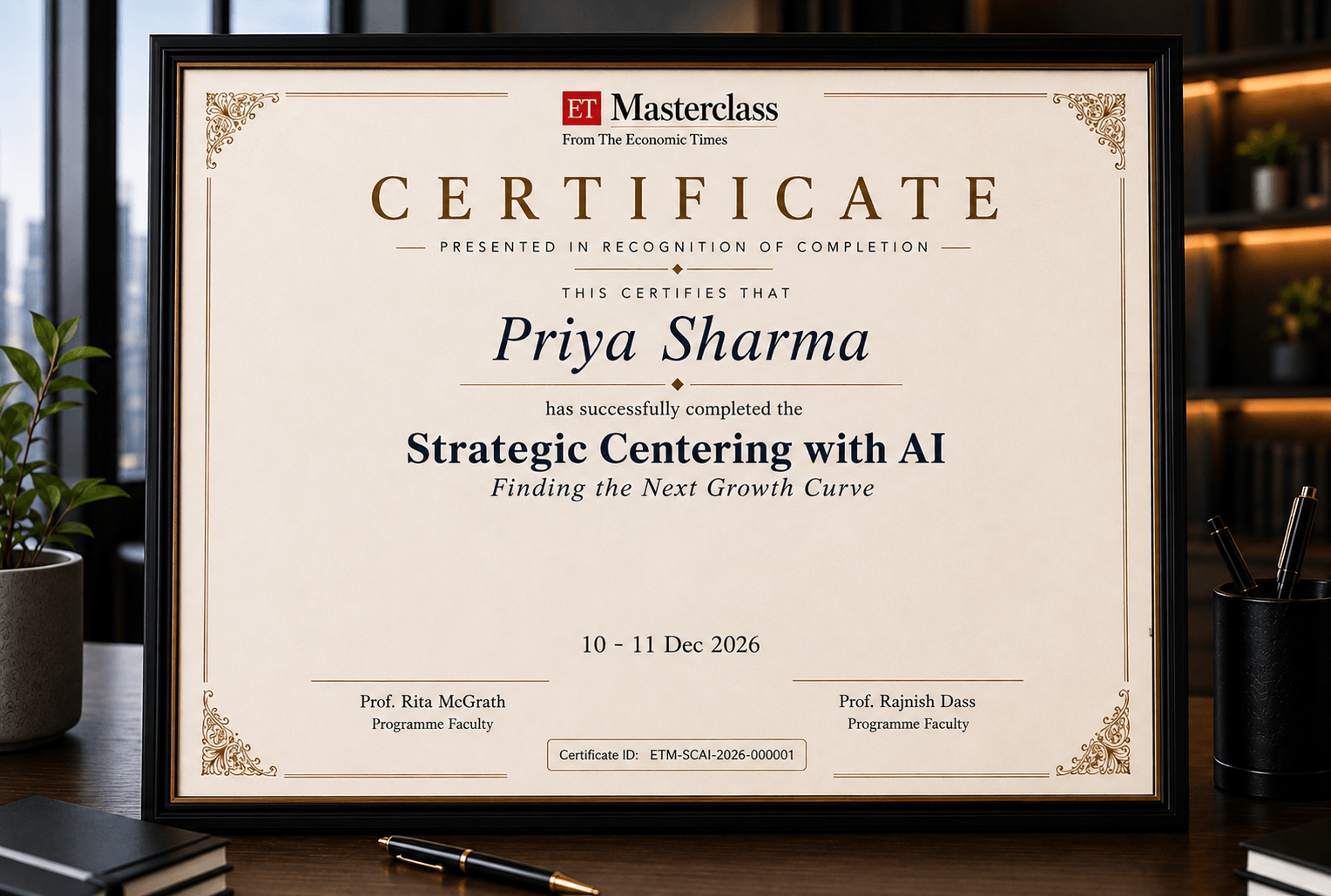 Certificate of Completion for Strategic Centering with AI, ET Masterclass